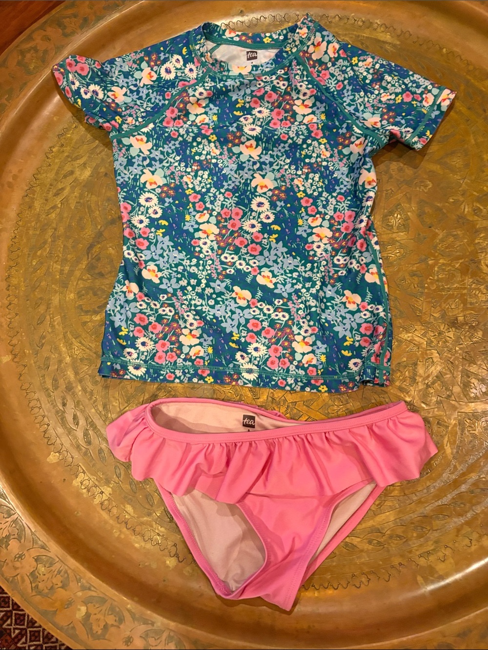 Tea Collection Teal Floral Rashguard with Pink Ruffle Bikini Bottom